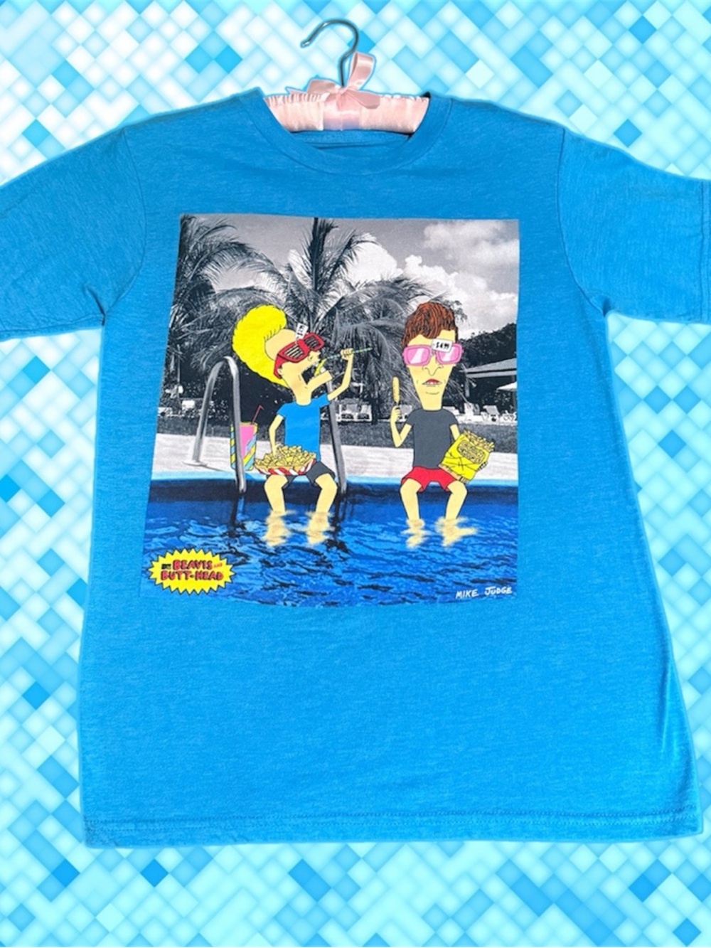 Beavis and Butthead Pool Graphic Tee | Blue MTV Cartoon Shirt | Unisex | Small